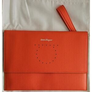 Salvatore Ferragamo Orange Pebbled Leather Clutch Bag